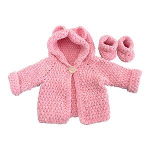 Handmade Pink Chenille Newborn Baby Hoodie & Booties Set Bear Ears Soft Plush